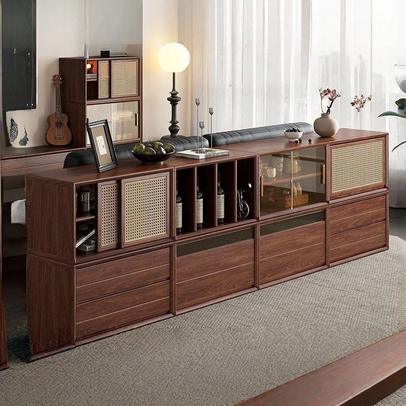 Black walnut solid wood dining side cabinet, bookcase, floor-to-ceiling bookshelf, lattice storage