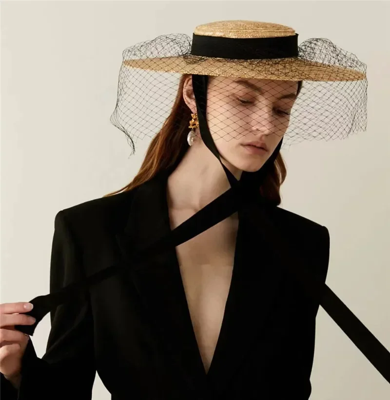 

202503-HH7314 ins summner dropshipping handmade straw long ribbon mesh fashion model show holiday lady sun cap women leisure hat