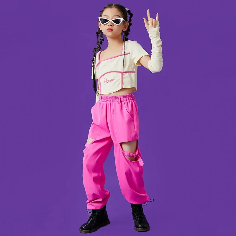 Mädchen Jazz Dance Kostüm Kpop Kleidung T-Shirt Rosa Cargo Hosen Hip Hop Kleidung Kinder Street Dance Performance Outfit DL9890