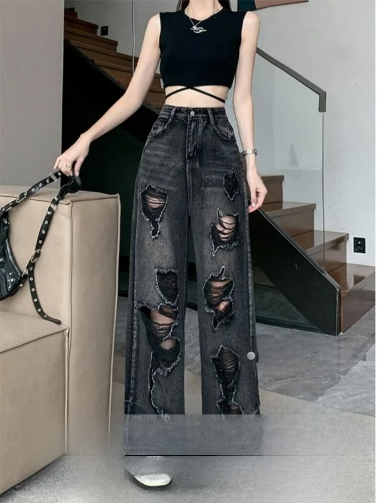 

Женские джинсы большого размера с винтажным рваным дизайном, черные, осенне-зимние, новые, скрывающие недостатки фигуры, с широкими штанинами, модные