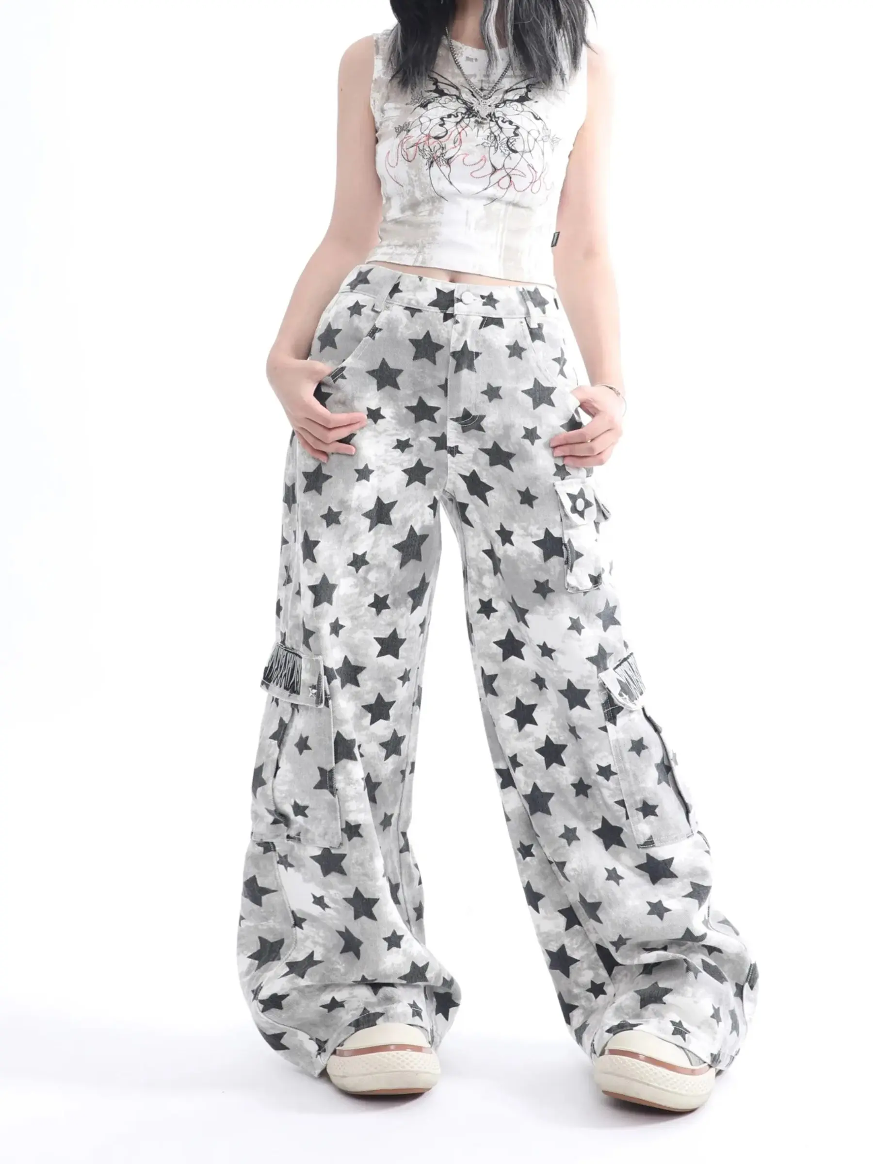 

Women's Grey Star Cargo Baggy Jeans Y2K Harajuku High Street 2000S Style Tie-Dye Aesthetic Retro 90s Jeans Pants Clothing 2025