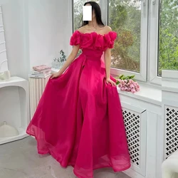 Elegant Party Dresses Woman A-Line Short Sleeves Organza Floor Length Pleats Sweep Train Solid Color Special Occasion Gowns 2024