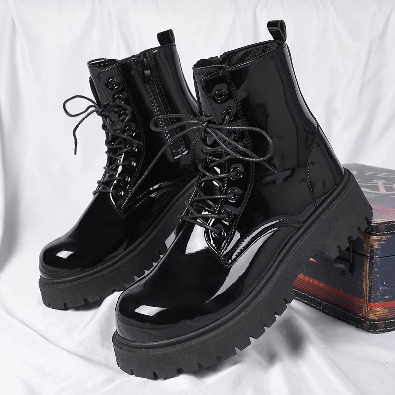 Winter New Leather Men\'s Boots Black Fashion Motorcycle Boots Platform All-match Outdoor Boots Zapatos Para Hombres Male Boats