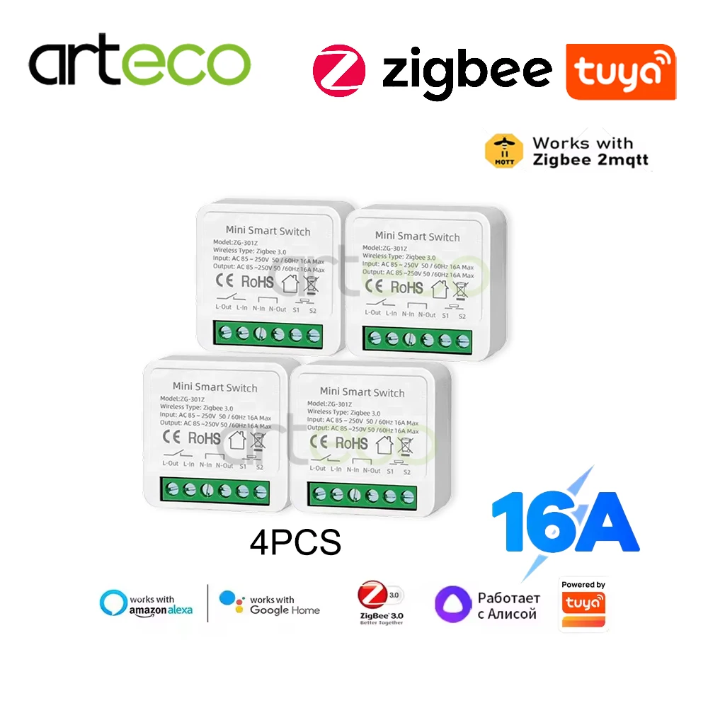 

4 шт. модуль умного мини-переключателя ZigBee 16A DIY выключатель 2-стороннее управление управление управление через приложение Tuya, работает с Smart Life Alexa Alice