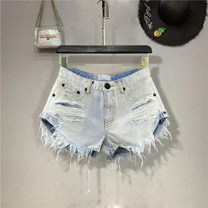 

Women's High Waist Distressed Denim Shorts Raw Hem Ripped Frayed Casual Hot Pants