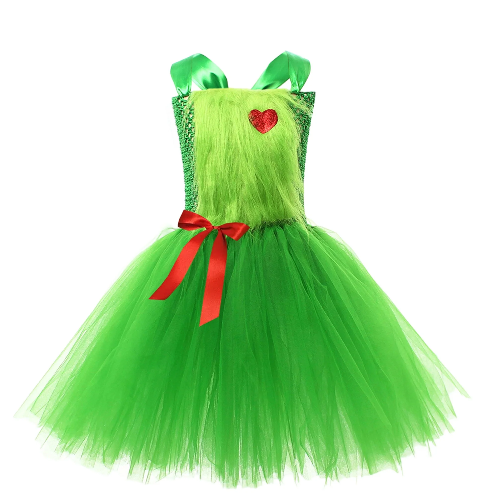فتاة عيد الميلاد زي الأخضر الوحش القلب التطريز أكمام تول المرقعة فستان تأثيري الملابس