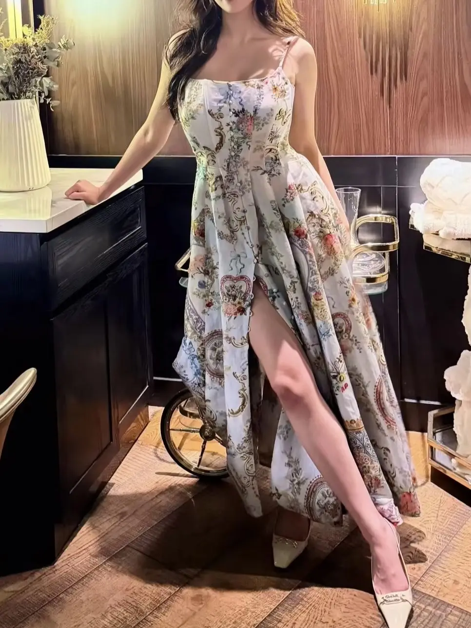 

Summer Ladies Silk Linen Sling Robe Floral Print Square Collar Sleeveless High Waist Single Breasted Casual Female Maxi Dress