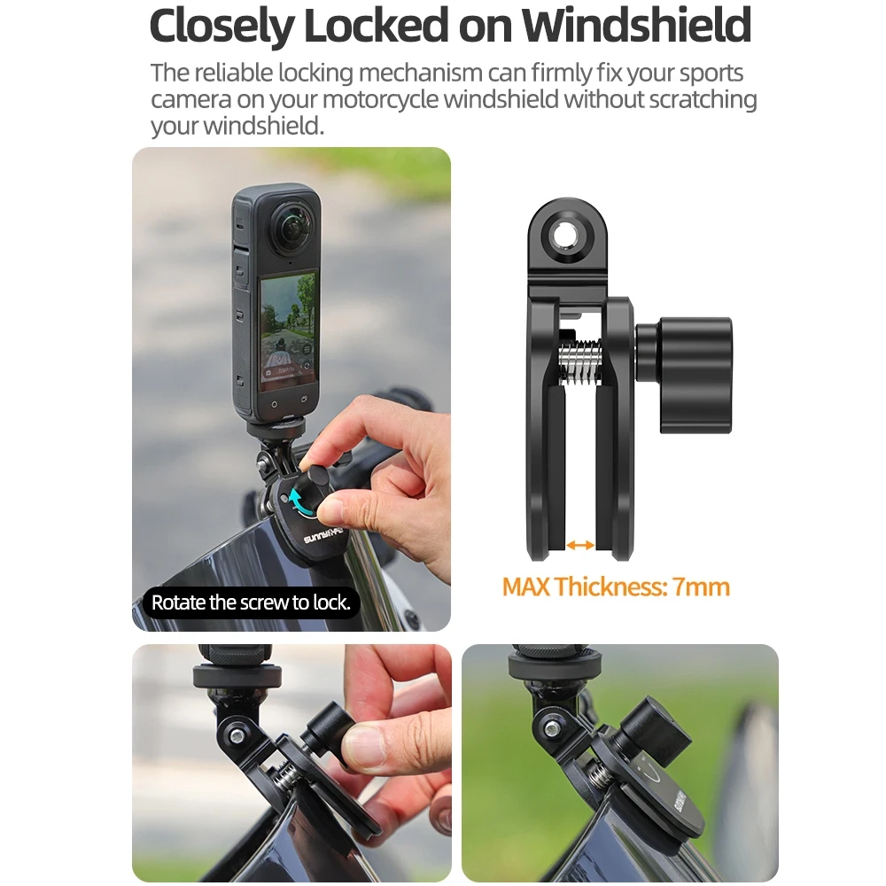 Sunnylife Motorcycle Windshield Clip for DJI OSMO 360/Action 5 Pro/Pocket 3 Camera Aluminum Alloy Mount for Insta360 X5/Ace Pro2