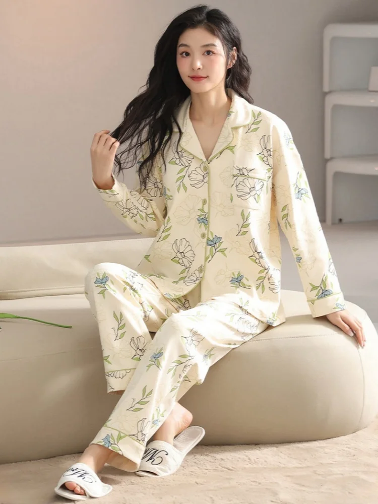 Autumn Winter Women's Cotton Pajamas Set Lapel Long Sleeve Cardigan Pants Lovely Home Suit Ladies Comfortable Loungewear