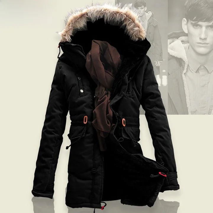 

Men's Winter Hooded Jaet Fur Collar Wool Thiened Cotton Polyester Fabric Button Closure Mid-Length Slim Fit Casual Coat