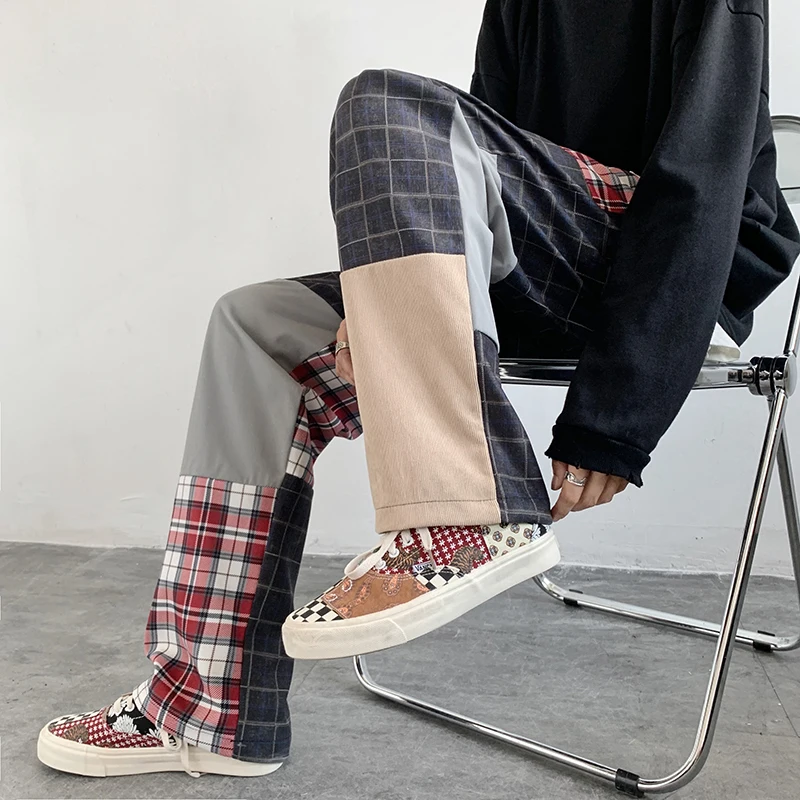 Spliced Patchwork Plaid Men's Pants Y2C Kpop Ins Chic Loser Singer Dance Pants Sexy Club Wide Leg Straight Male Boy Pring Pants