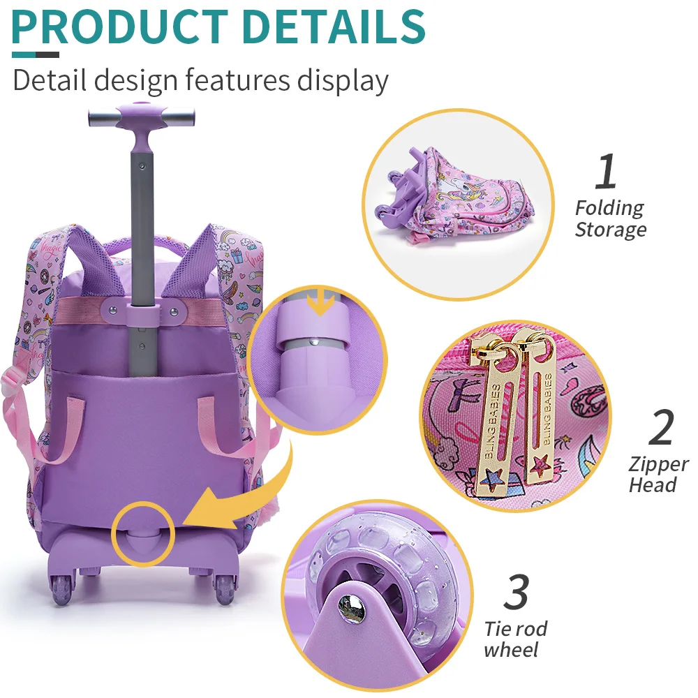 3PCS set Rolling Backpack For Girls Kids Wheeled School BookBag With Lunch And Pen Bag Pink Unicorn Cute sequin Glow-in-the-dark