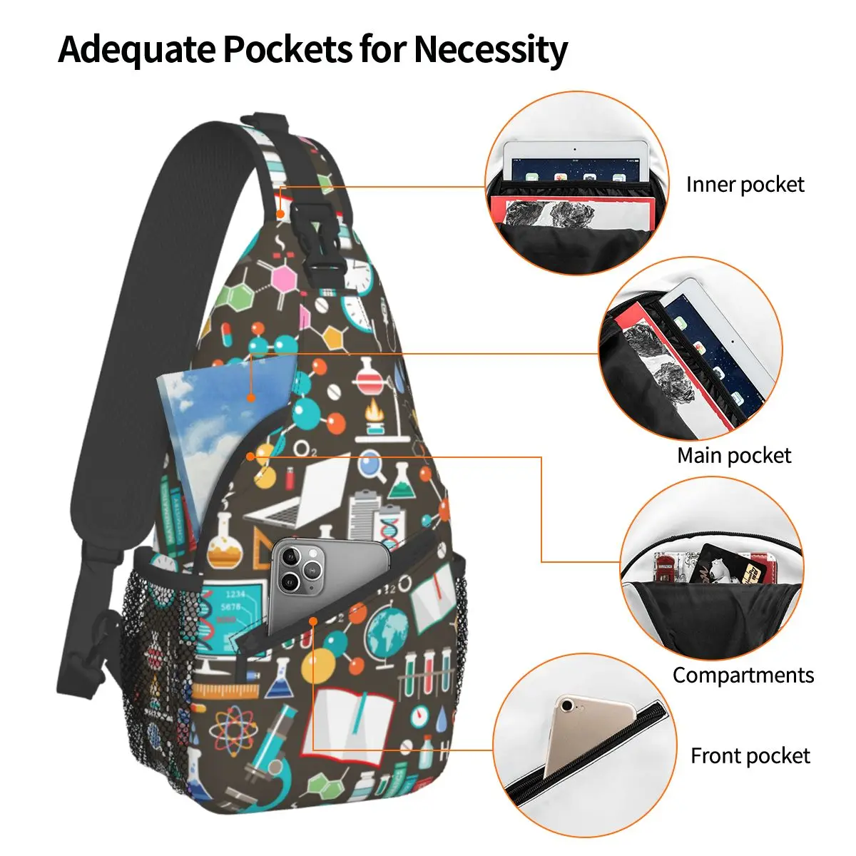 Mochila pequeña De ciencia Química para el pecho, bandolera de hombro para senderismo al aire libre, mochilas escolares informales