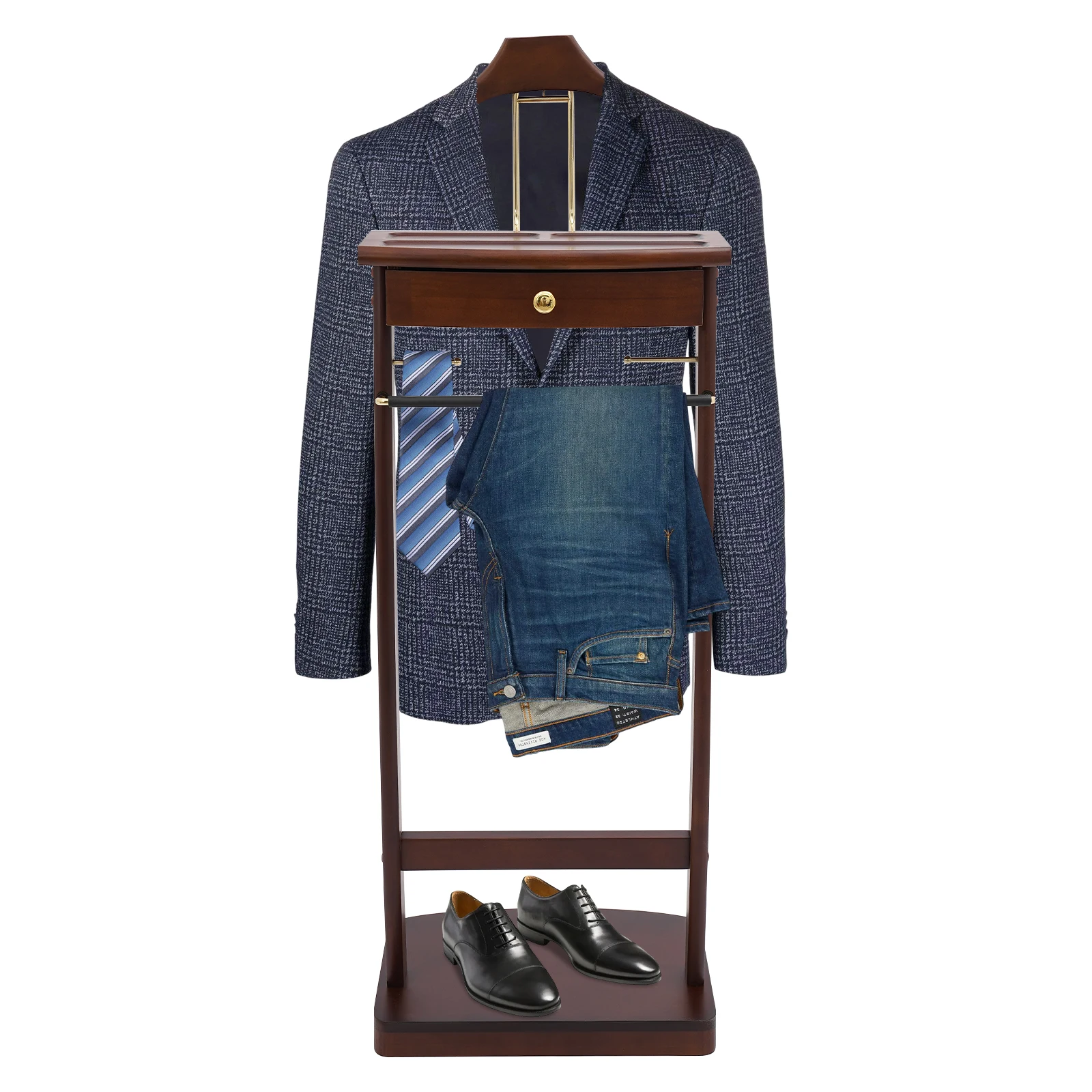 حامل ملابس قائم بذاته مع حامل بدلة قاعدة قوي 17.32*11.81*44.09 بوصة لون الجوز لمكتب غرفة الفندق