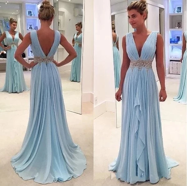 

ANGELSBRIDEP Sky Blue Long Evening Dress V Neck Party Prom Gowns Robe De Soiree Chiffon Sparkly Sliver Beading Celebrity Guest