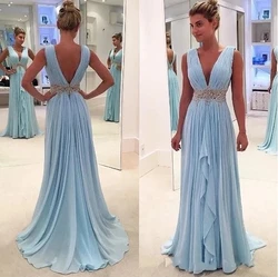 ANGELSBRIDEP Sky Blue Long Evening Dress V Neck Party Prom Gowns Robe De Soiree Chiffon Sparkly Sliver Beading Celebrity Guest