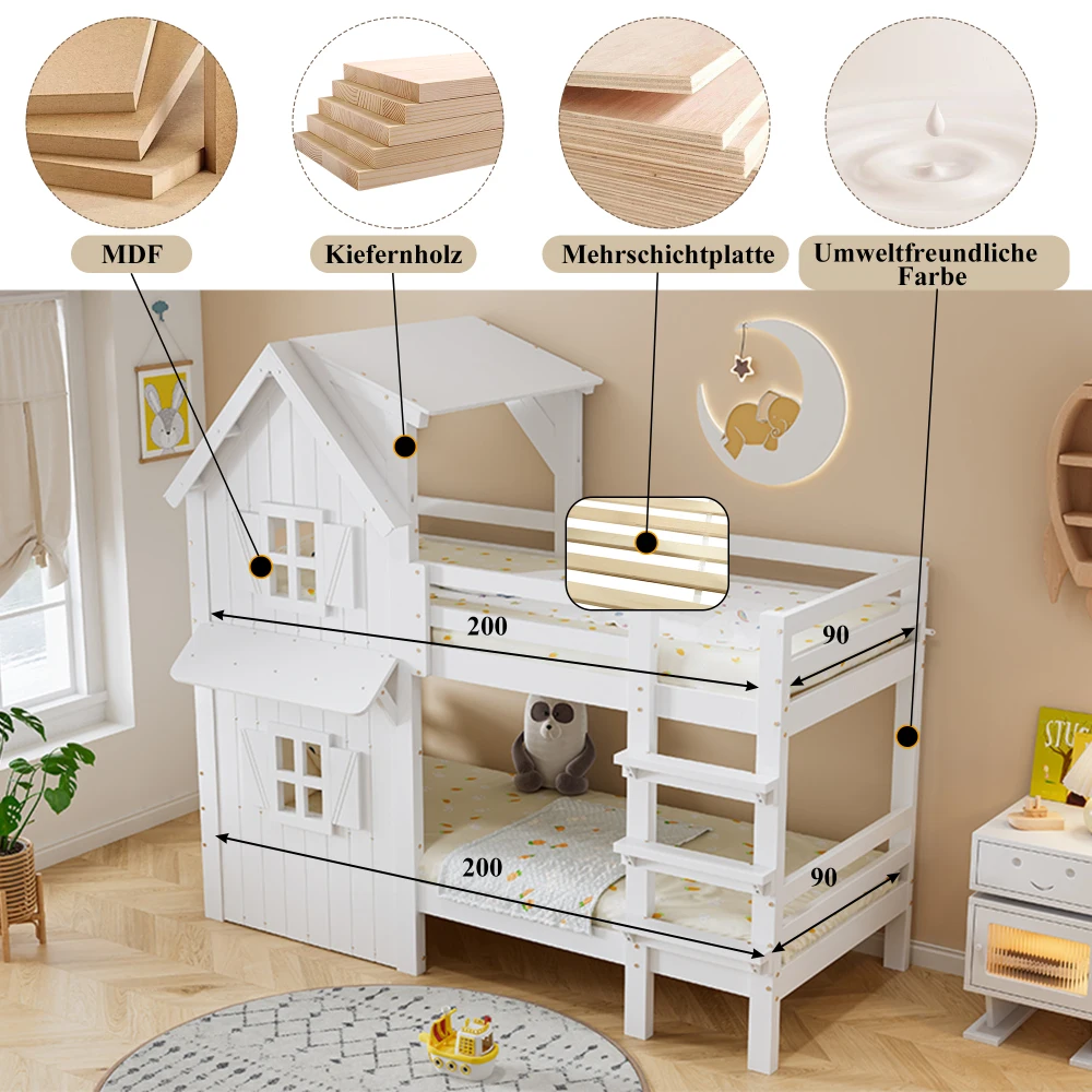 Kinder-Etagenbett mit schönem Fenster und seitlichen Sicherheitsgeländer auf dem Dach, dreistufiger gerader Leiter, stabiler Lattenrost – Detail 5