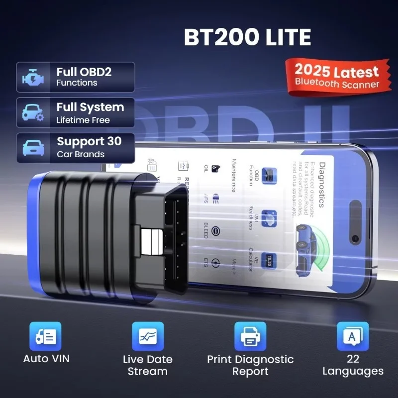 BT200 Lite OBD2 Scanner Automotive Diagnostic Tool Automotive Full System Scan Tool Check Engine Code Reader for 30 Car Brands