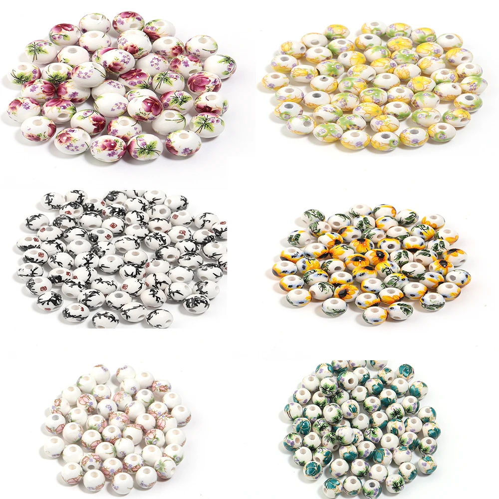6mm 8mm 10mm 12mm Flower Patterns Round Ceramic Beads Porcelain Bead Loose Space Beads For Jewelry Making DIY Bracelet Findings