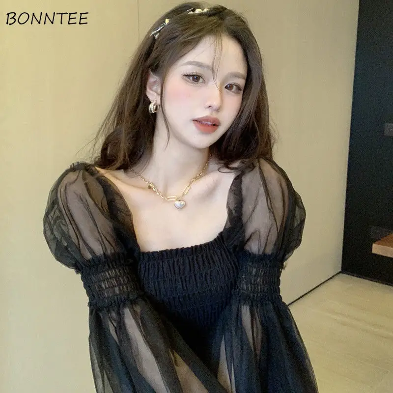 Crop Tops Mesh Patchwork Design Senses Off Shoulder New Autumn Hotsweet Long Sleeve Blouses for Women High Street Beauty Chic