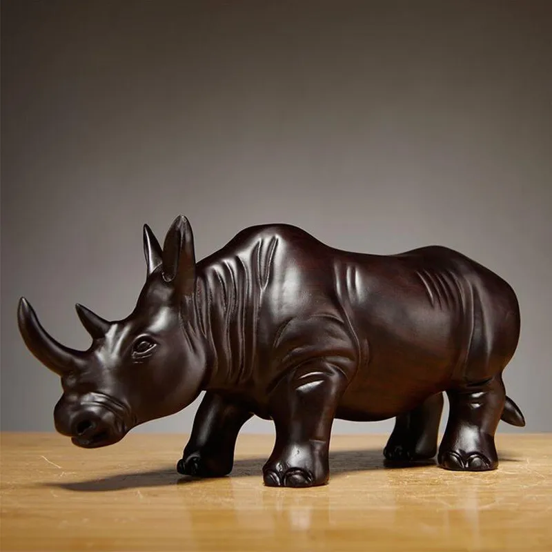 

Collection Wood carving Lucky recruit wealth rhinoceros Desk Ornament Home Feng Shui Decoration Crafts Statue