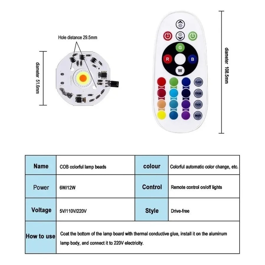 Projecteur LED avec puce USB RGB, lampe à puce COB, pas besoin de pilote, éclairage à monter soi-même avec télécommande, 220V 5V