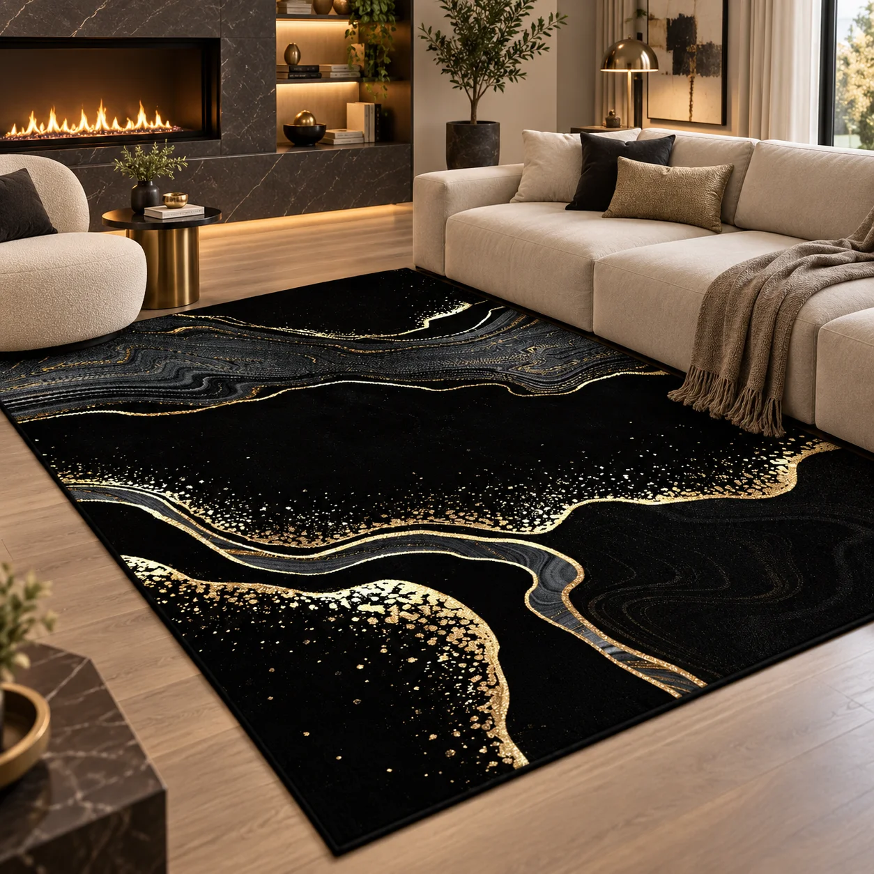 Black Marble Abstract Area Rug Tech Fabric Diatom Mud Non Slip Easy Clean Soft Foldable Floor Carpet Living Room Bedroom Office Lounge Sofa Coffee Table Home Decor Modern Stone Design Hallway Interior Decoration Luxury Room Accent
