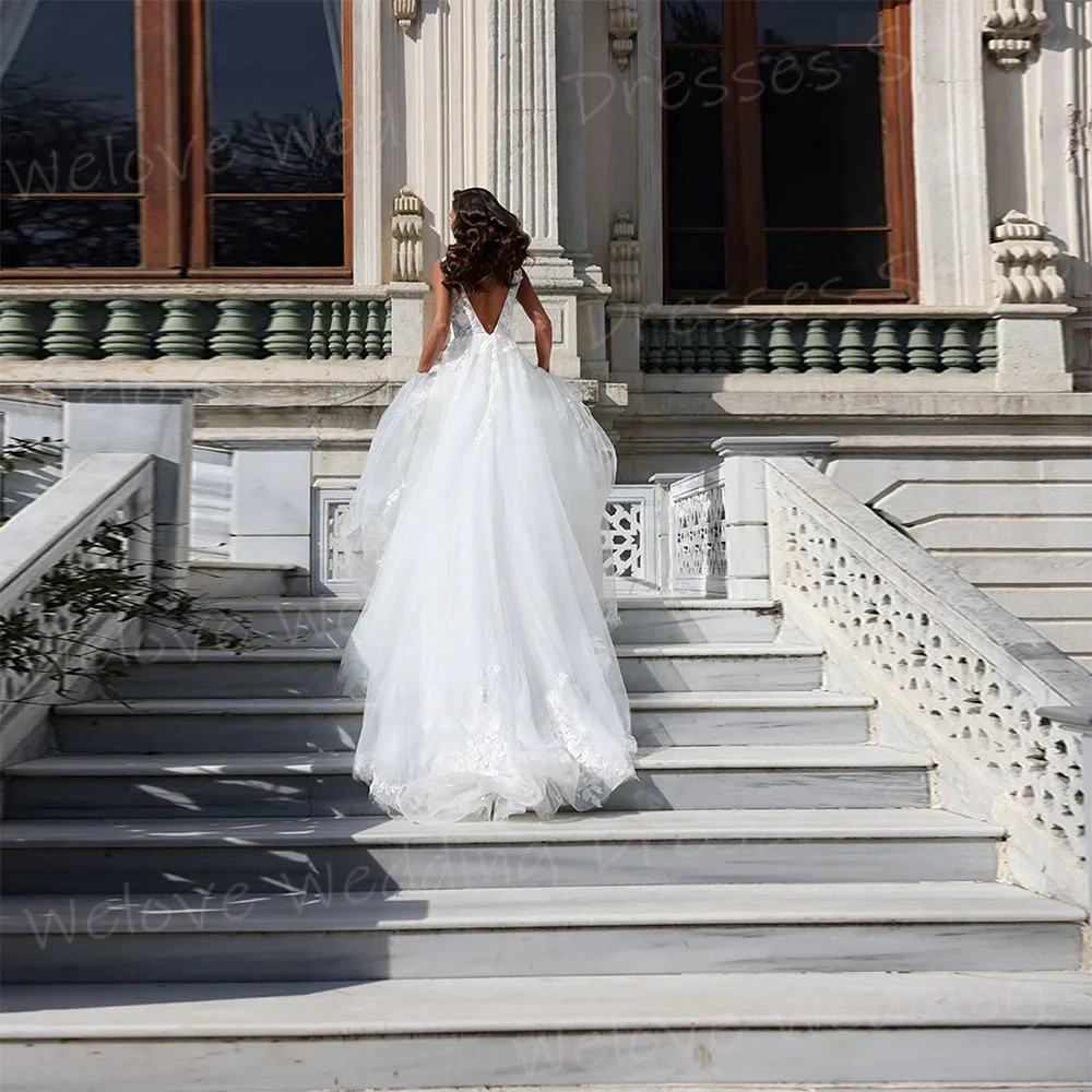 Vestidos de novia de línea A fascinantes para mujer, apliques preciosos, Vestidos de novia de encaje, cuello en V, sin mangas, espalda descubierta