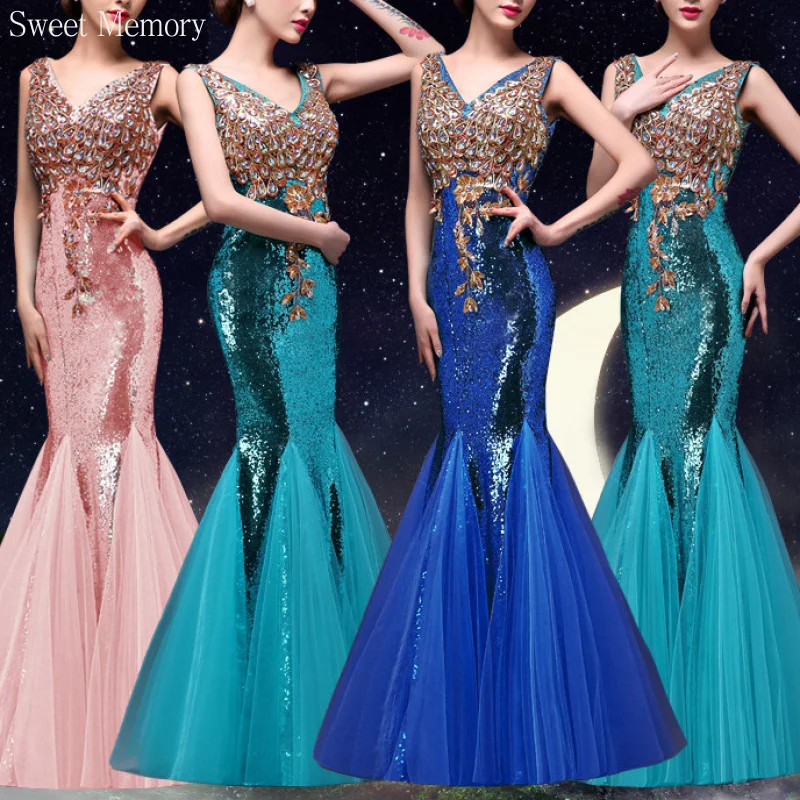 

U052 Sexy V-Neck Beads Sequined Trumpet Evening Dresses Crystal Mermaid Dresses Illusion Mesh Net Tulle Prom Party Sequin Gown