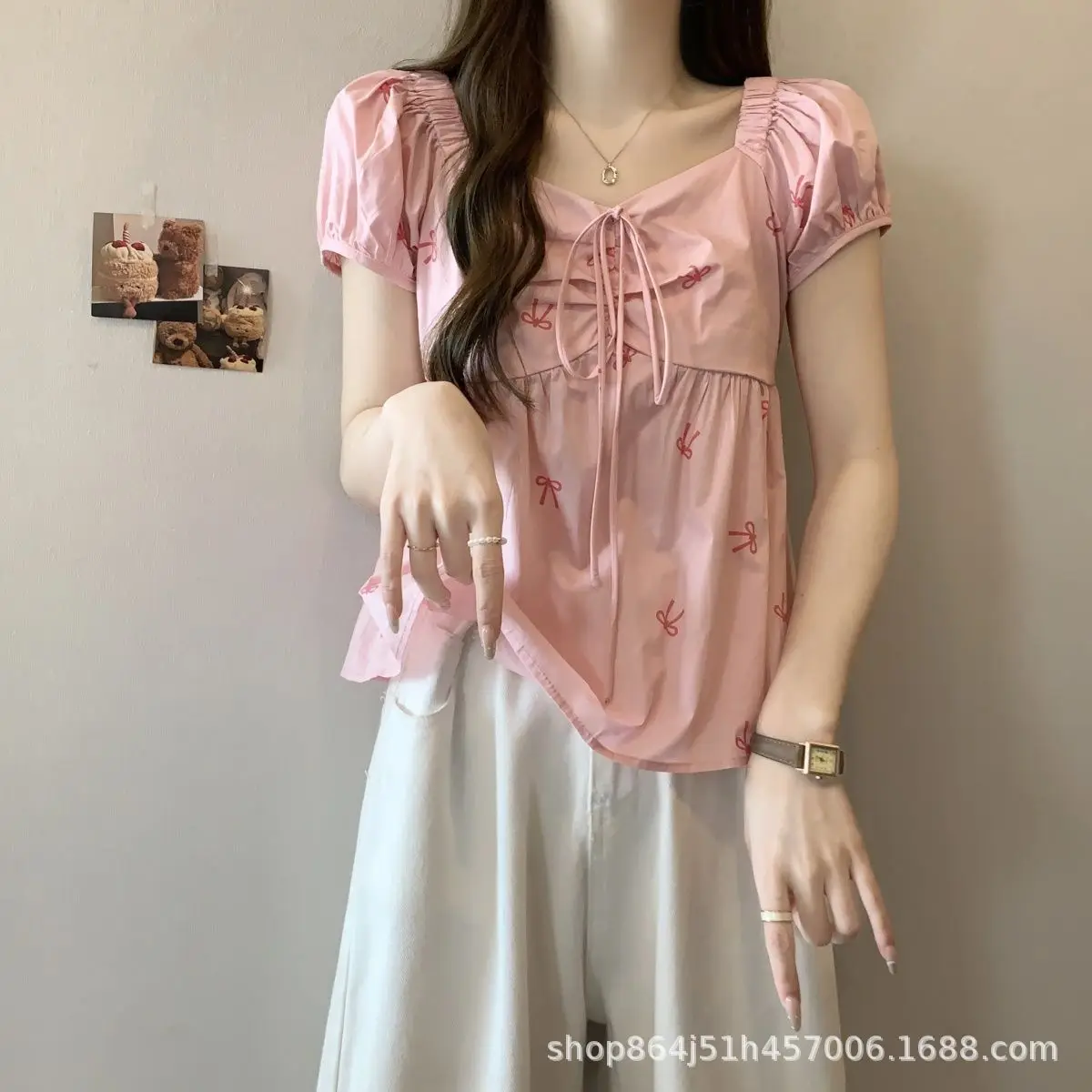 

New Spice Girl Bow Print Shirt Women's Summer Design Lace-up and Thin Short Bubble Women's Summer Top