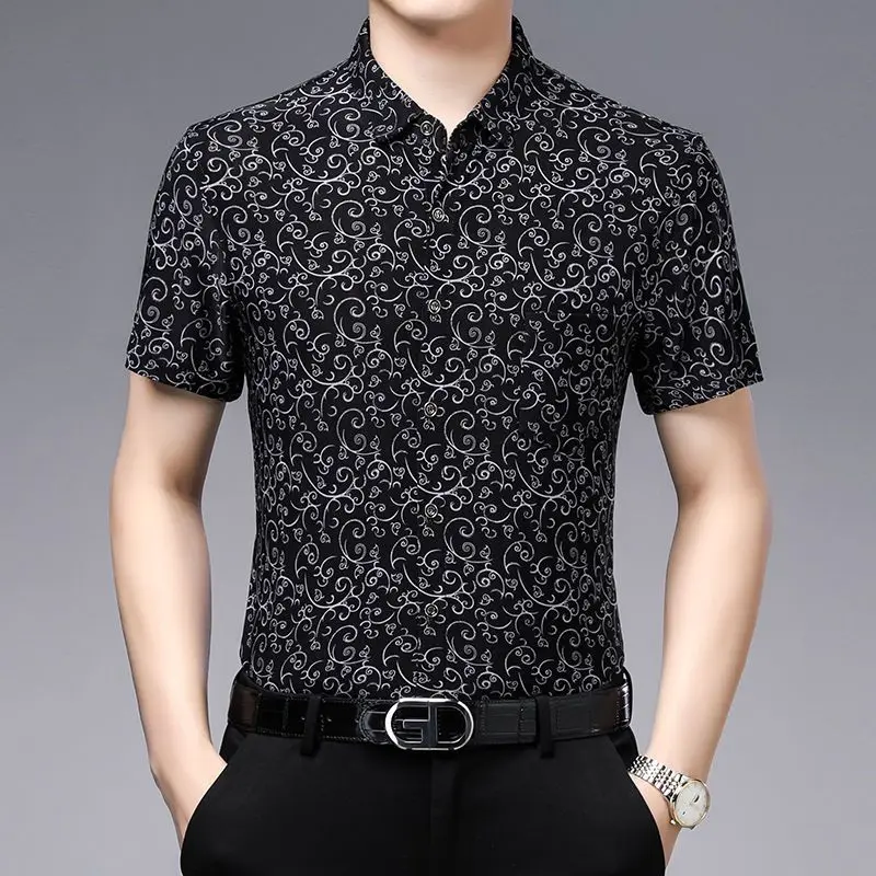 Streetwear Fashion Men Short Sleeve Black Floral Shirts Y2k Summer Quick Dry Lucky Cloud New Holiday Casual Lapel Loose Top 2023