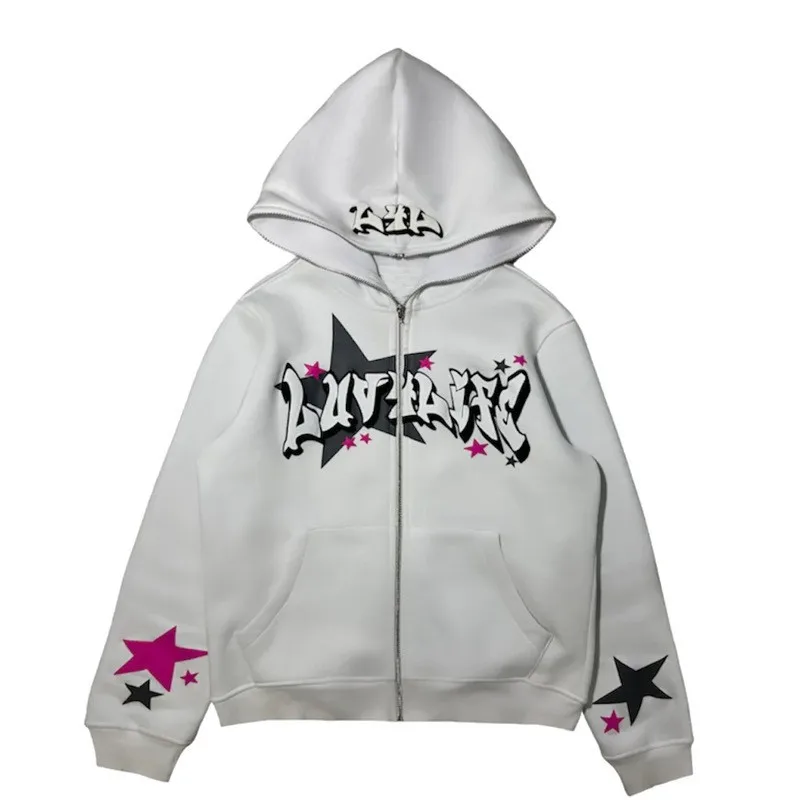 الخريف/الشتاء الرجعية Y2K الرجال والنساء قلنسوة بسحاب الشارع العصرية سترة معطف القوطية رسالة الخماسي مطبوعة هوديي البلوز #3