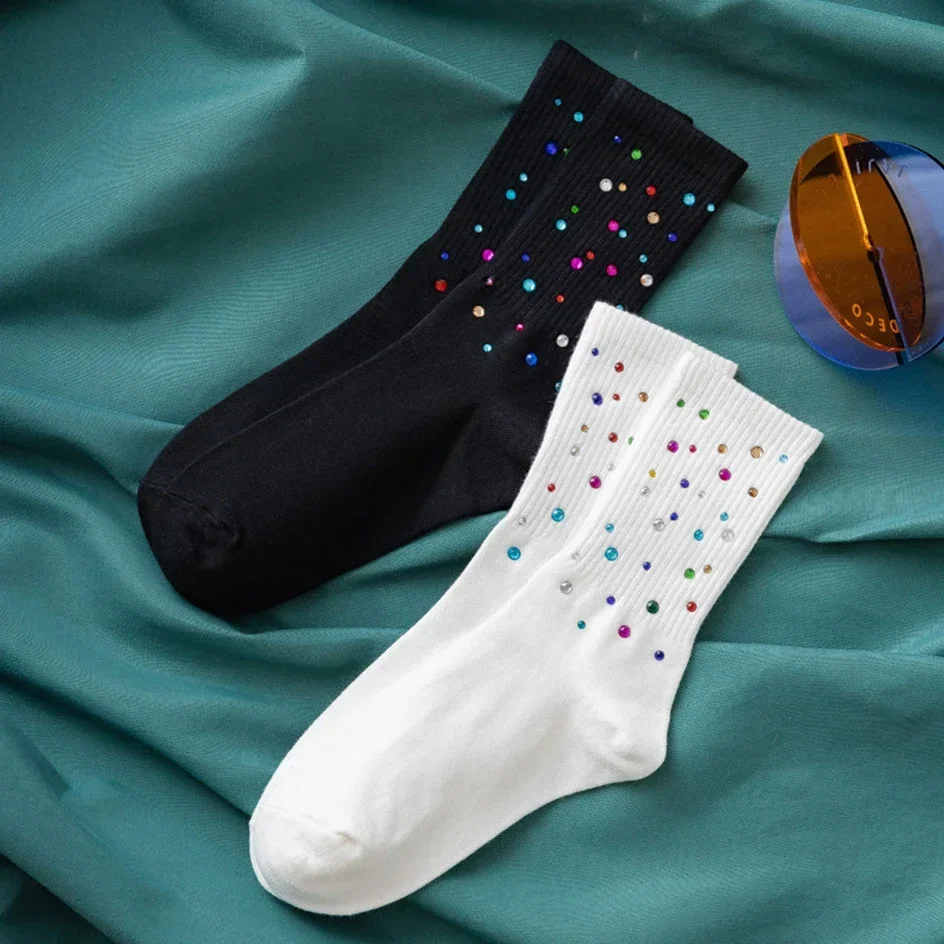 Fashion Glitter Diamond Socks For Women Harajuku Shiny Stockings Autumn Winter Loose Socks Female Lingerie Mid-tube Cotton Socks