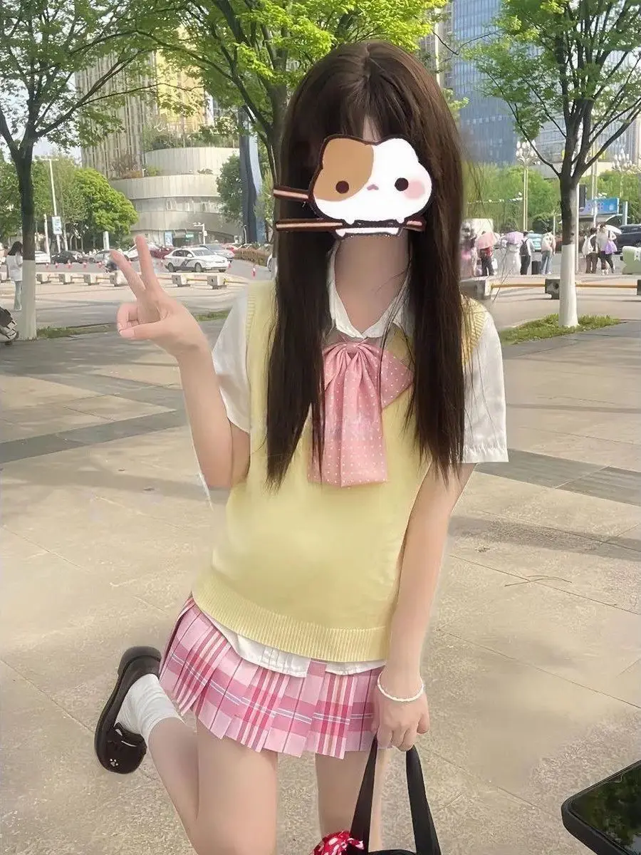 Yellow Knitted Vest Layering Candy Skirt Short Sleeve Shirt Whole Set JK Uniform School Style Breathable Polyester Casual Wear