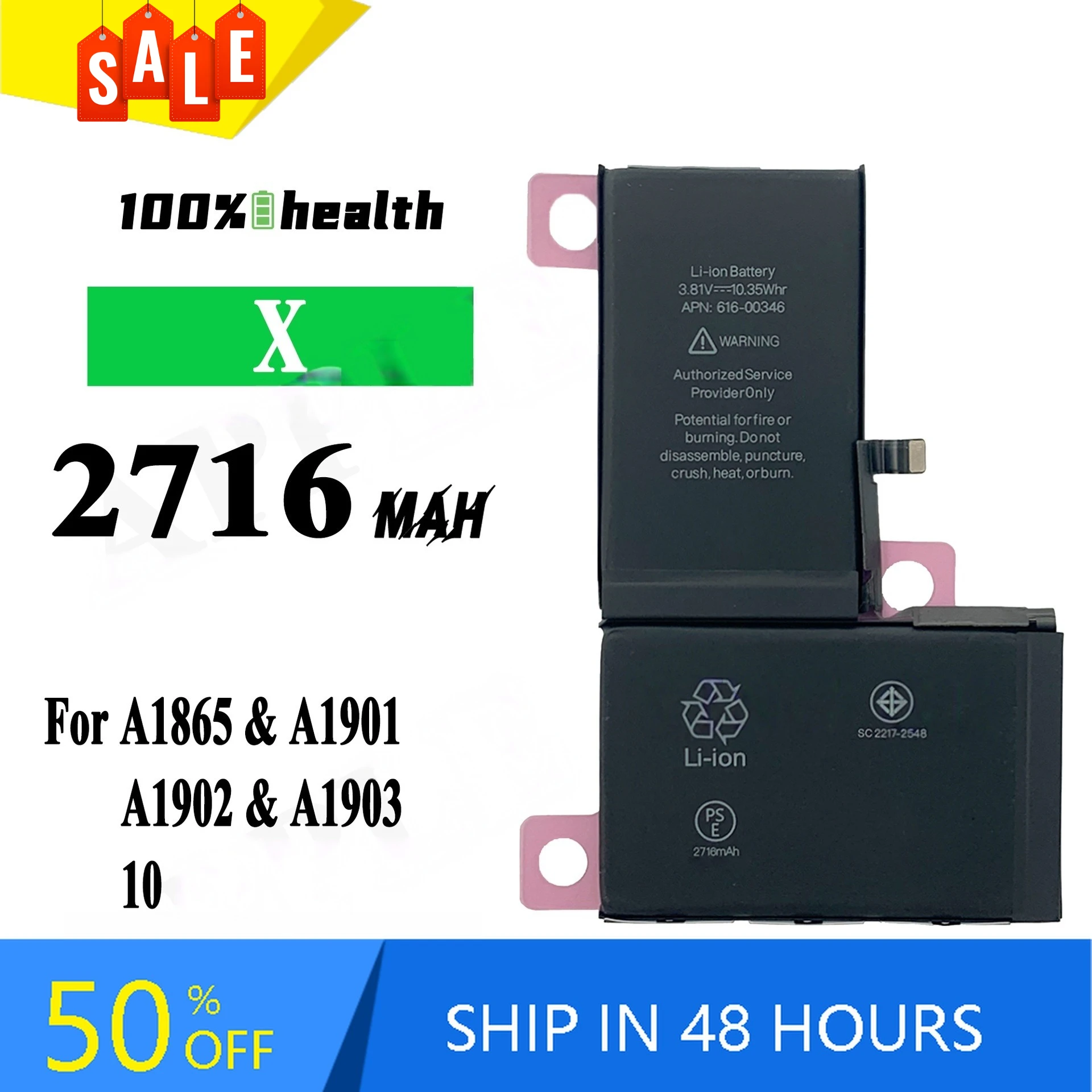 2716mAh For IPhone X  Apple A1865 A1901 A1902 A1903 Mobile Phone Battery