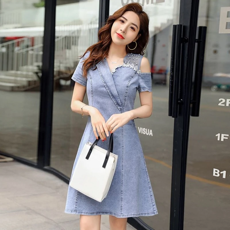 

Women's Slim Fit Waist Slimming Mesh Denim Dress Two Piece Set 2026 Summer New Arrival Trendy Fashion