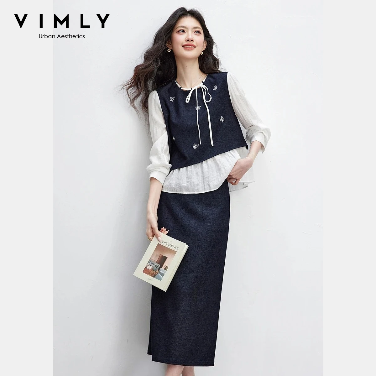 VIMLY Women's Elegant Color Block Skirt Sets 2026 Spring New Fake Two-Piece Embroidery Splicing Top Minimalist Midi Skirt A3995