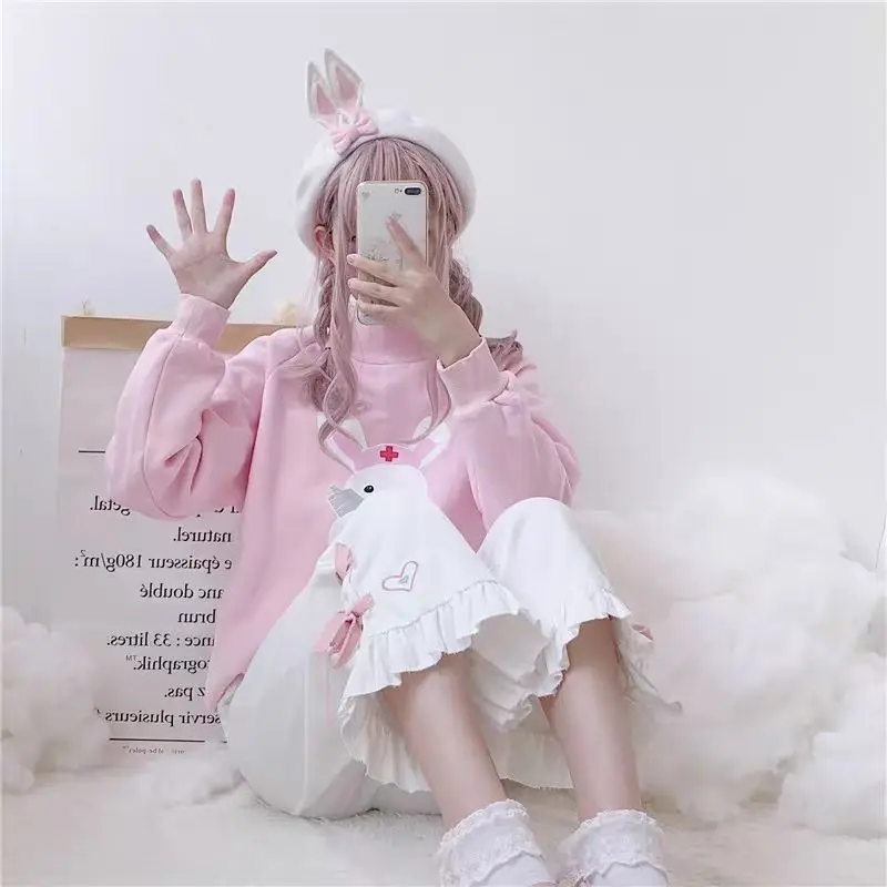 

Sweet Japanese High Waist Loose Trouserst Fashion Kawaii Embroidery Spliced Pleated Bow Lace Up Pant Y2k Casual Preppy Pants