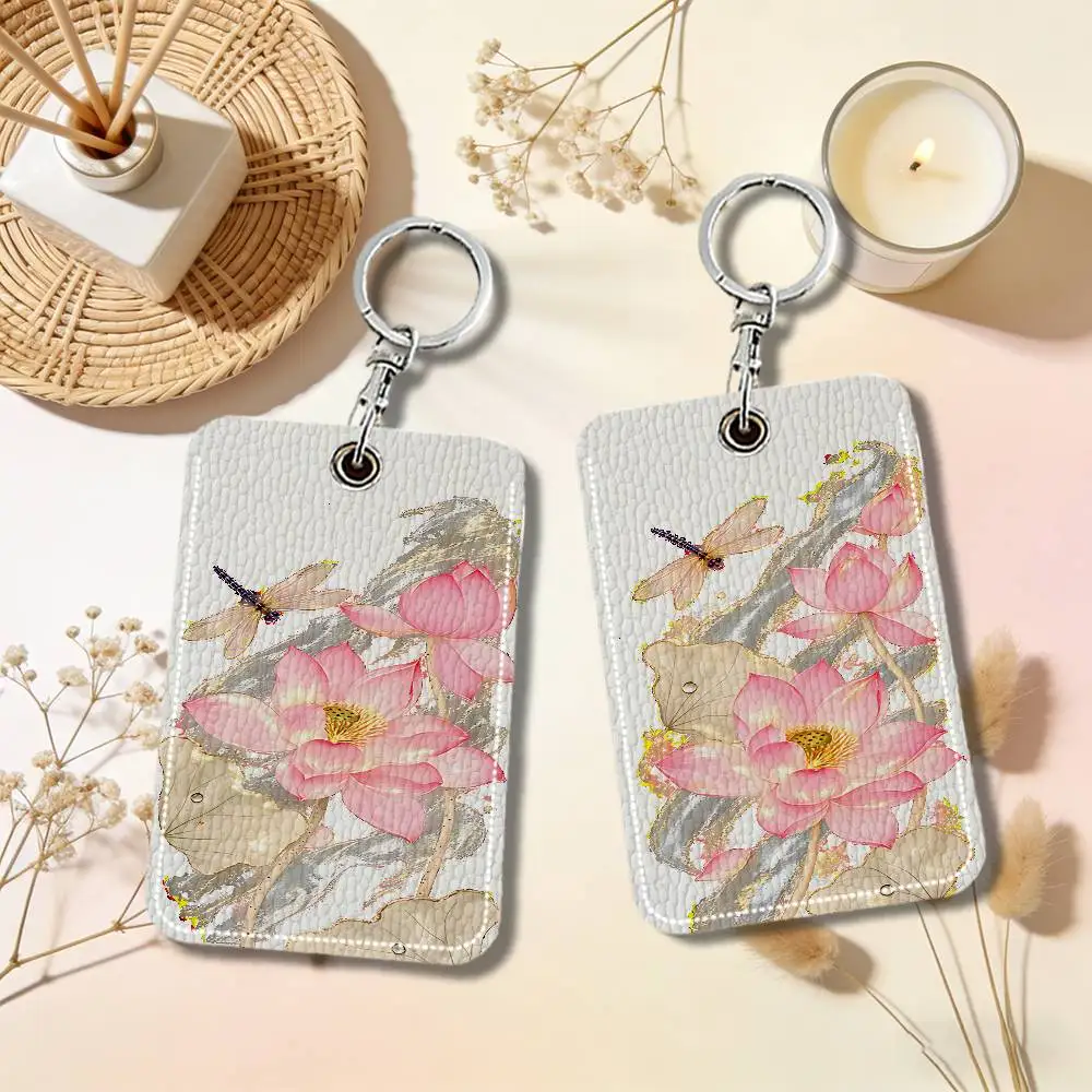 Simple Pink For Lotus Keyring Leather Access Card Holder Keychain Community Proximity Card Protective Case