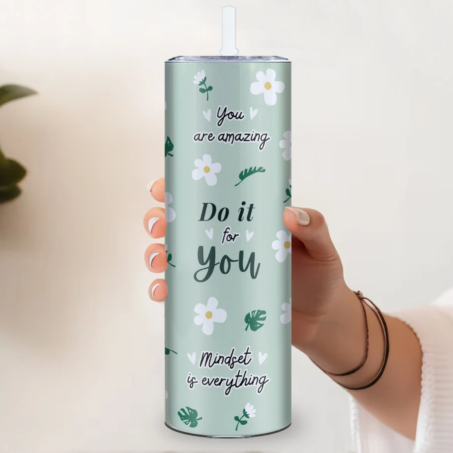 1Pc Skinny Straight Coffee Cups Straw Lid 20oz Stainless Print 3D Flowers & Stay Positive Tumblers Outdoor Sport Insulated Mugs