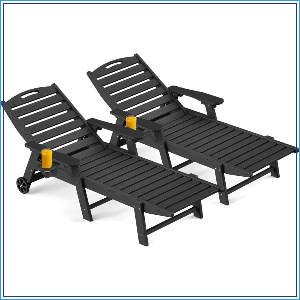 Set of 2 HDPE Chaise Lounge Chair 5 Position, Wheels, Cup Holder Outdoor, Patio, Poolside, Deck
