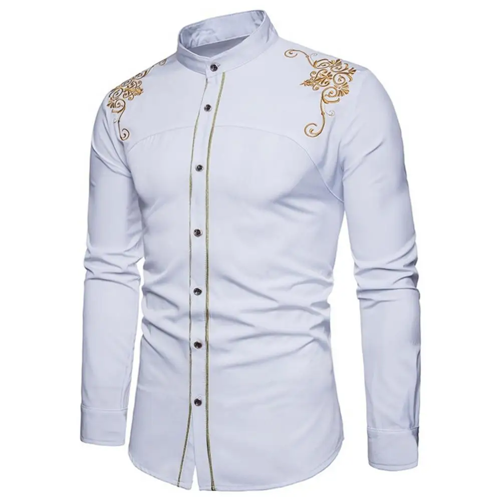 Black Gold Embroidery Shirt Men 2022 Spring New Mens Dress Shirts Stand Collar Button Up Shirts Chemise Homme Camisa Masculina