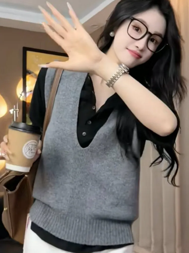 

Korean Sle V-Ne Svel Vest Top Casual Knitted Outerwear Women's Faion Slimming Color Anti-Aging