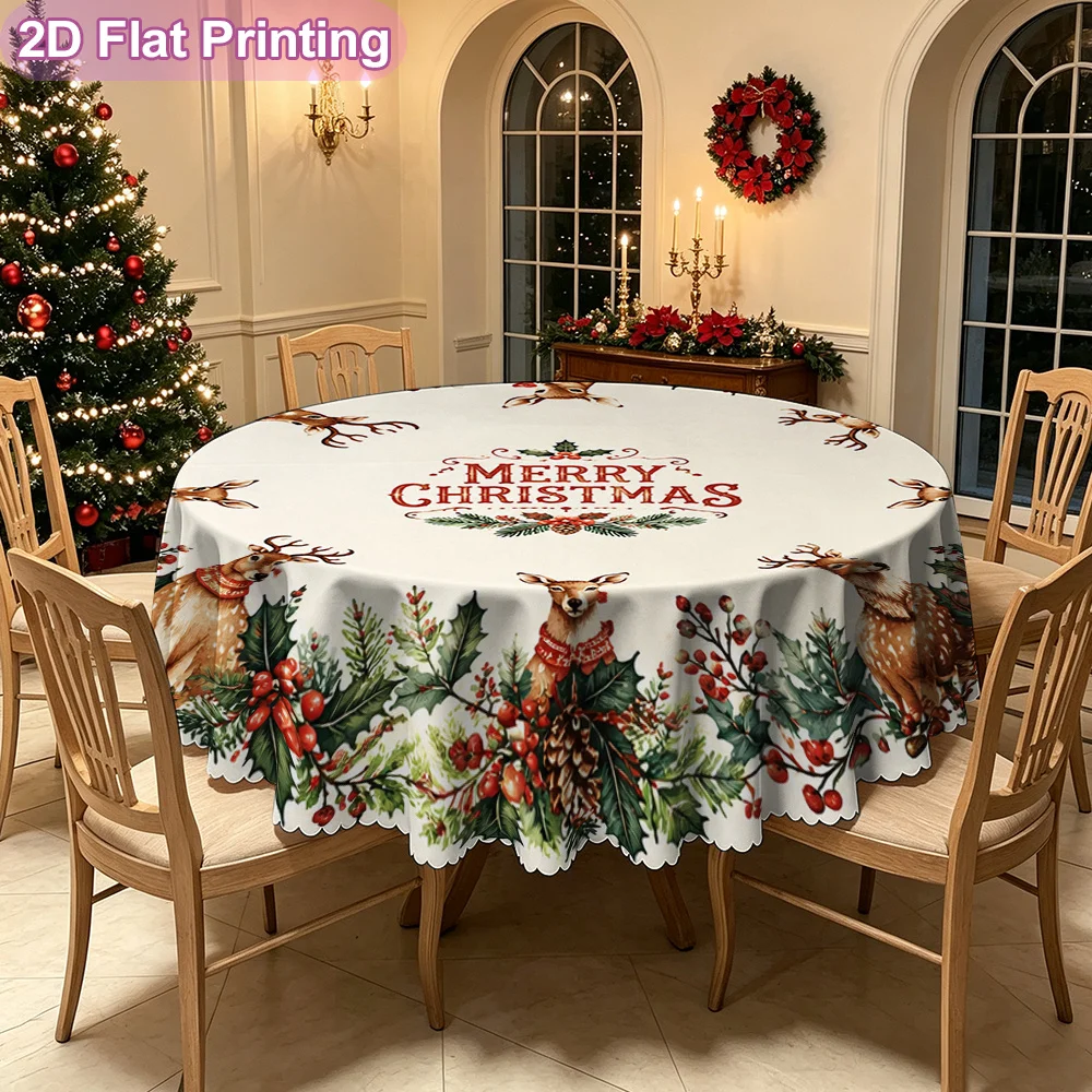 2D Flat Christmas Holly Deer Ring Floral Print Round Tablecloth - Holiday Table Cover