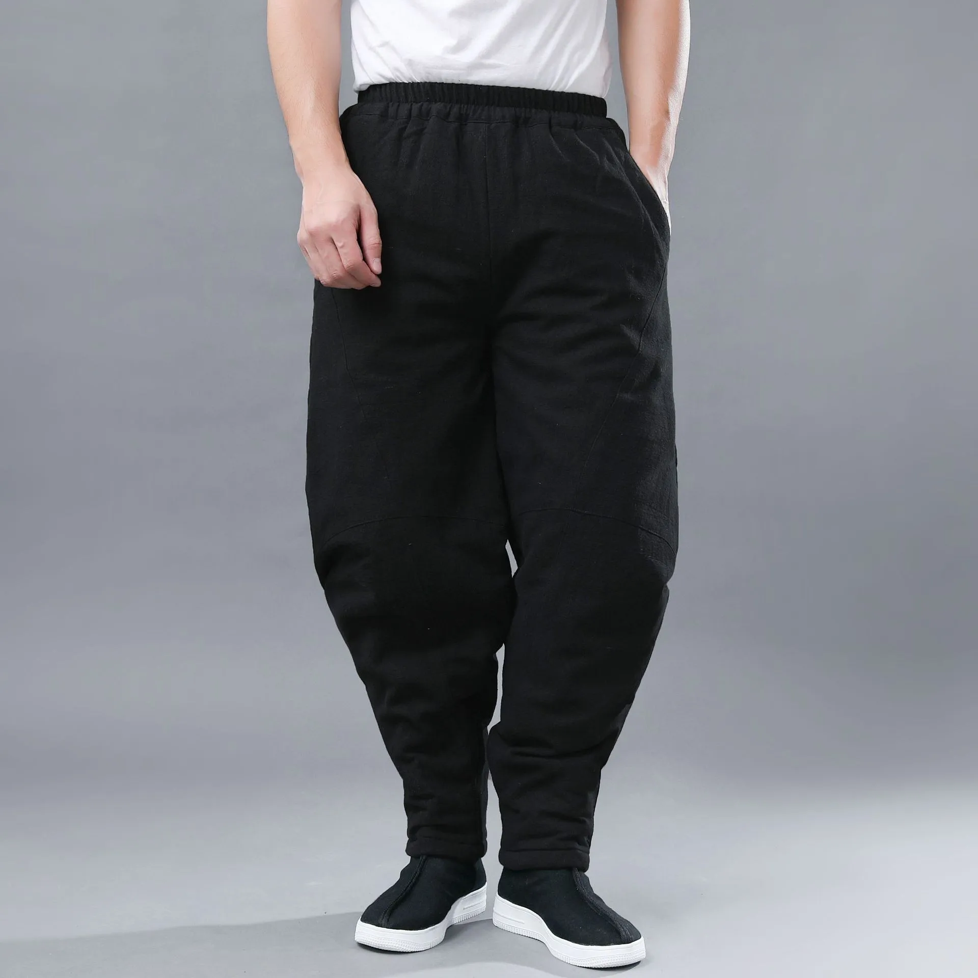 

Men's High Waist Cotton Trousers Slim Fit Quilted Pants with Double Layer Chinese Style Retro Casual Pants