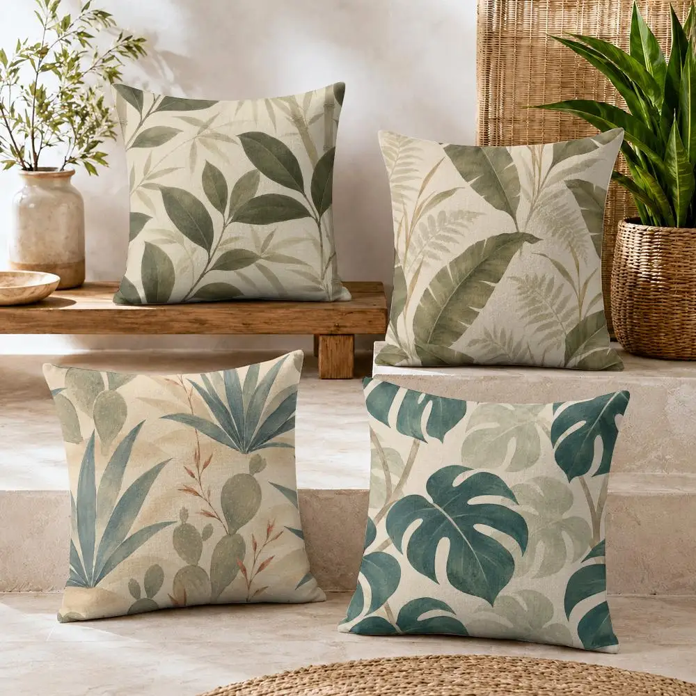 Boho Botanical Seamless Cushion Cover Summer Coolness Linen Organic Fabric Sofa Pillow Case Double-Sided Printing Home Decor