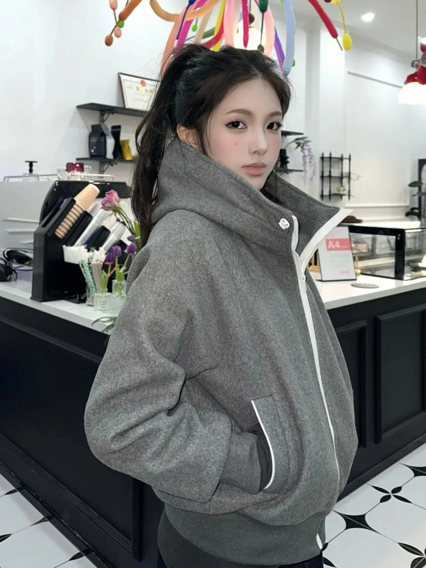 

Deep ey Thiened Woolen Coat Hooded Cotton Jaet for Couples Winter Warm Casual Sle Zipper Closure Long Sve Youth Fa...