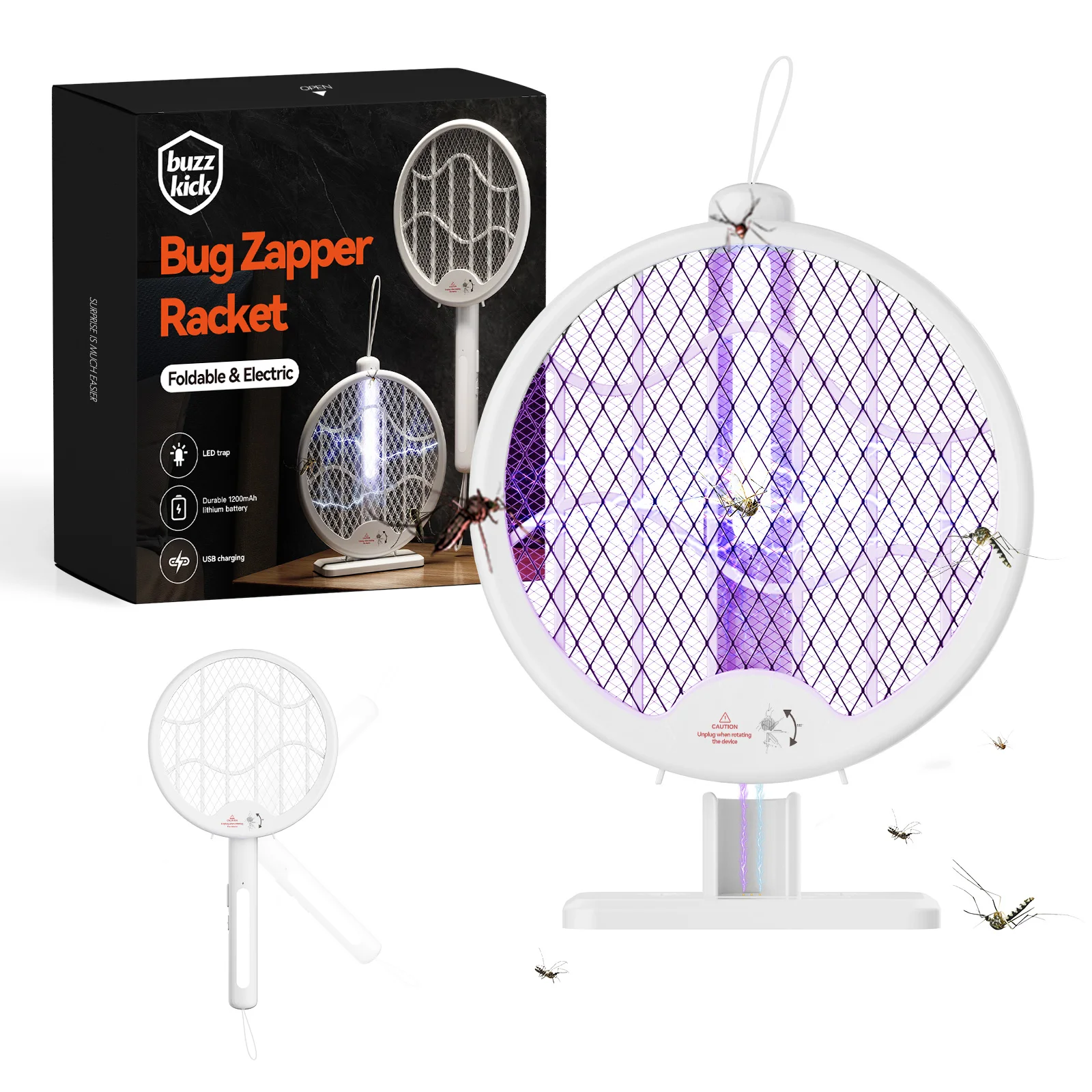 Electric Fly Swatter Racket buzzkick Foldable Bug Zapper Racket Portable 3 In 1 Fly Swatter Electric With USB Rechargeable Base