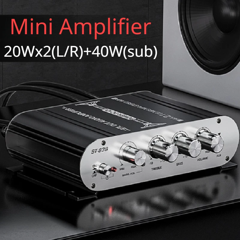 ST-838 2.1CH HiFi Audio Amplifier RMS 20Wx2+40W Stereo AMP with Subwoofer Output Class D Mini Digital Power Amplifier Receiver