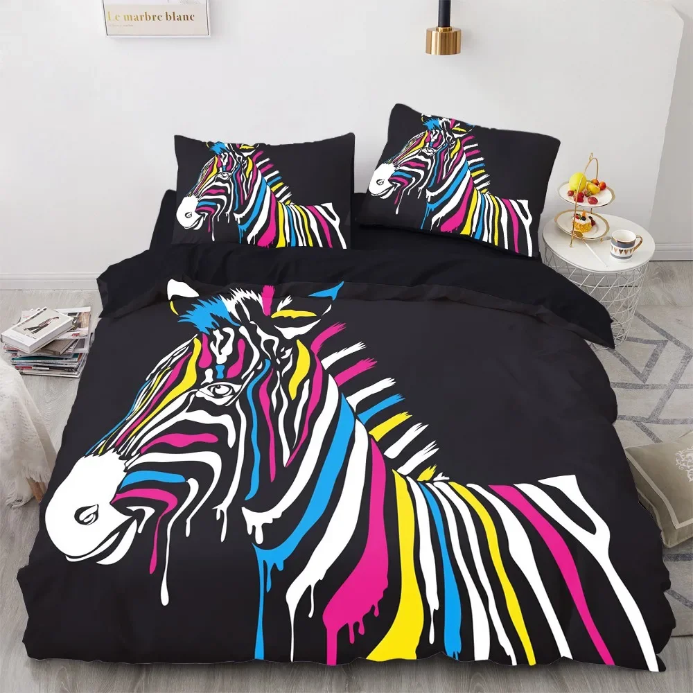 Zebra King Queen Duvet Cover Colorful Animal Bedding Set for Teens Adults Savanna Creatures Black 2/3pcs Polyester Quilt Cover